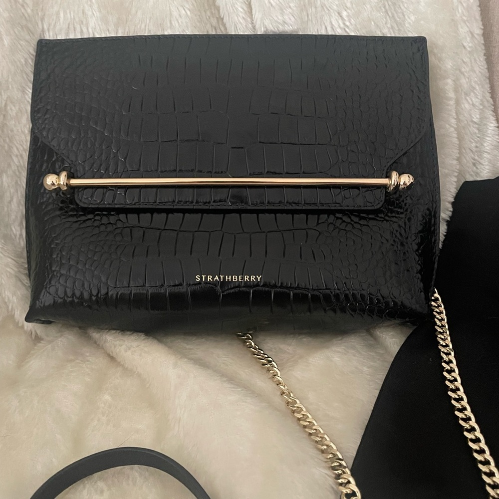 Strathberry Stylist Croc-Embossed Flap Leather Chain Crossbody Bag-Black